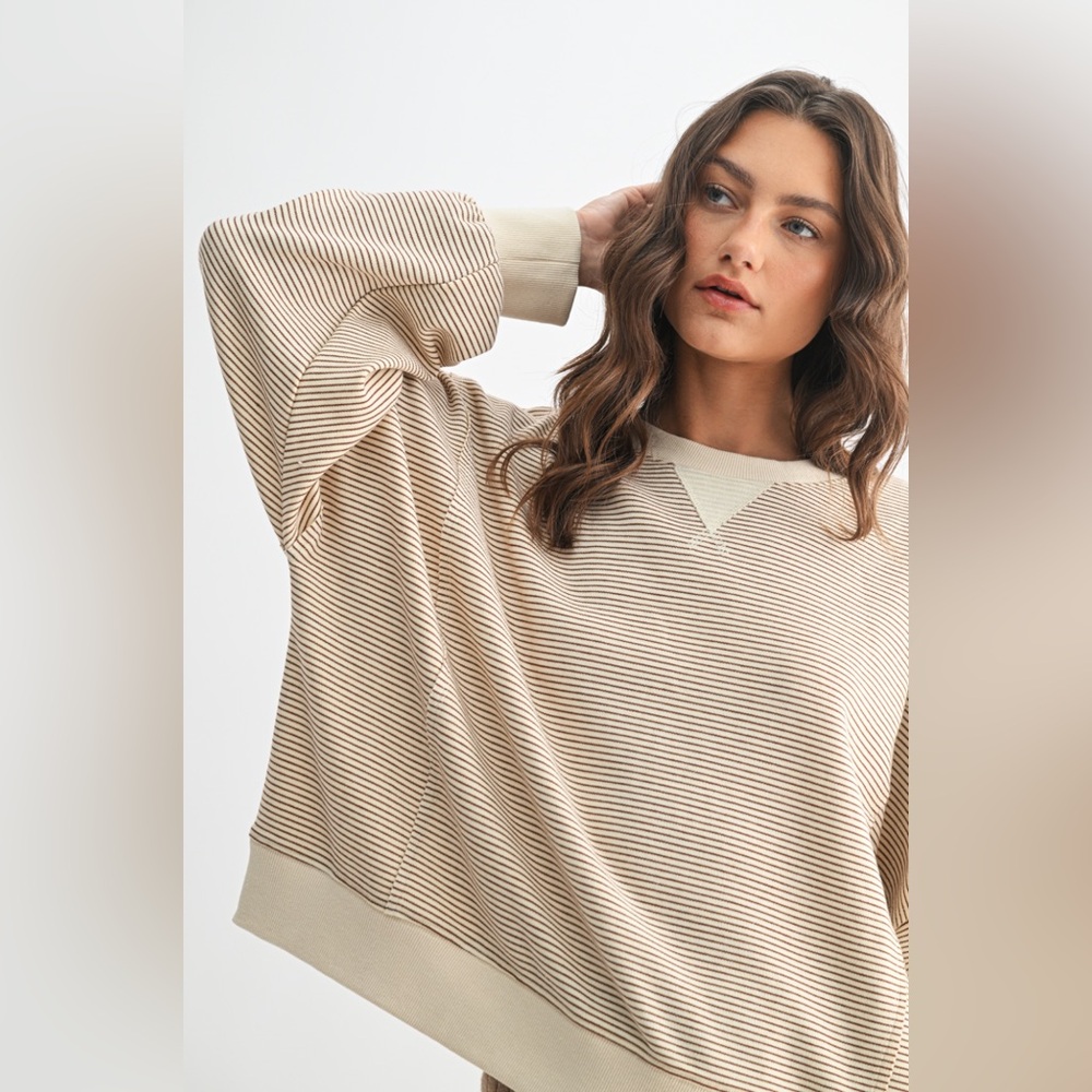 Wishlist Women's Scoop Neck Striped Pullover in Beige and Cream